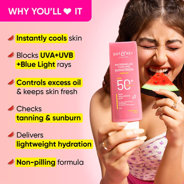 Dot & Key Watermelon Cooling Sunscreen SPF 50+ PA++++ | With Hyaluronic Acid, Instantly Cools Skin, Broad Spectrum Protection | Controls Excess Oil, Checks Tanning, No White Cast, All Skin Types | 50g